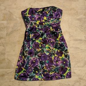 BCBG Grape Sateen Floral Pleated Strapless Dress